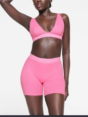 SKIMS Pink Ribbed Bralette and Boxer Short Set